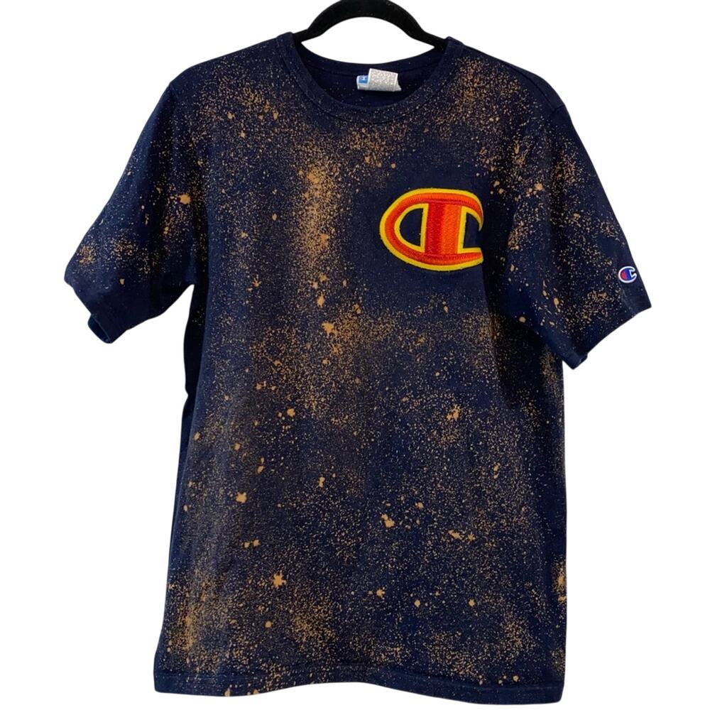 Vintage Champion Navy Bleach Splatter Logo Tee Grunge Streetwear T-Shirt Medium